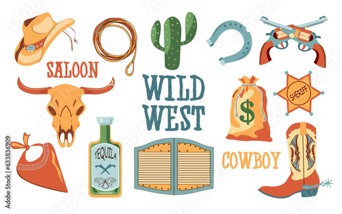 The set of vector illustrations of the wild West. Cartoon set with cowboy hat, tequila, gun, cactus, lasso, skull, horseshoe. Vector illustration isolated on white background.