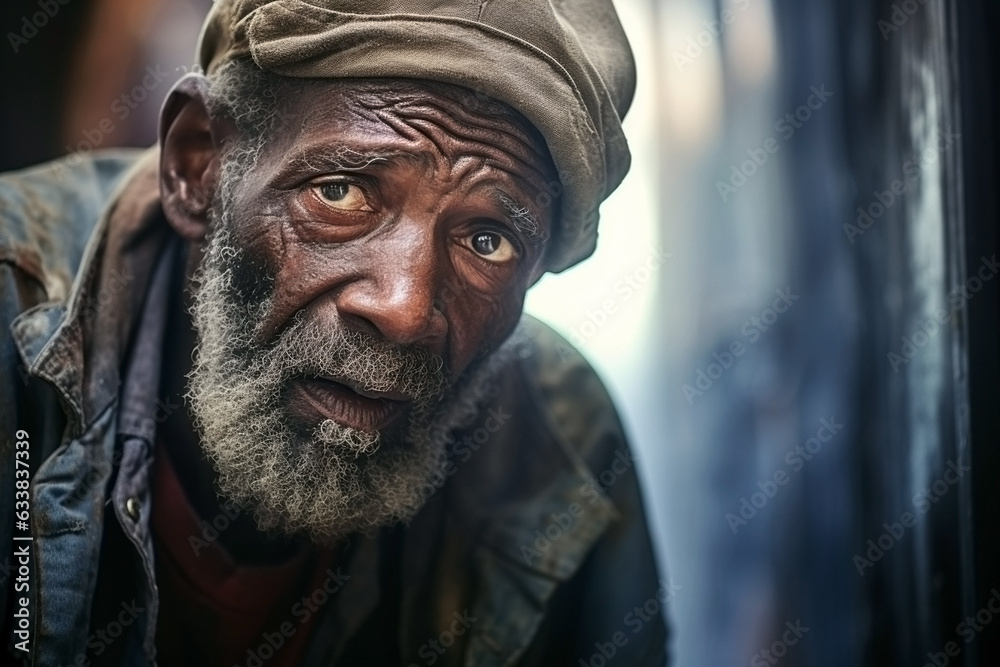 An older homeless black male living on the streets. - obrazy, fototapety, plakaty 