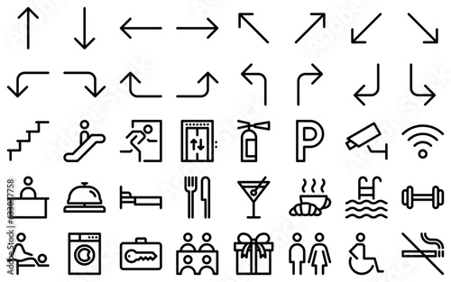 Hotel wayfinding line icon set. Reception desk, bell, restaurant, bar, cafe, swimming pool, gym, spa, laundry, luggage storage, wi-fi, meeting room outline symbols. Editable stroke. Vector graphics