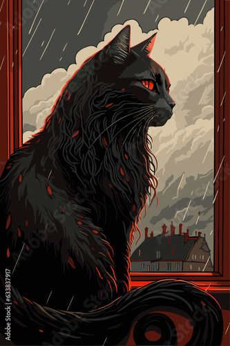Graphic Novel Style Goth Cat Sitting in a Open Window in the Rain with Clouds and a Victorian Building in the Background. Devil Cat on a Window Ledge. Vector Art. Fantasy / Historic / Horror Scene.
