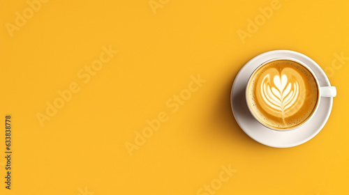 cup of coffee on the right on yellow background, top down view	
