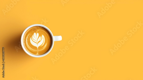 cup of coffee on the left on yellow background, top down view, with space for text