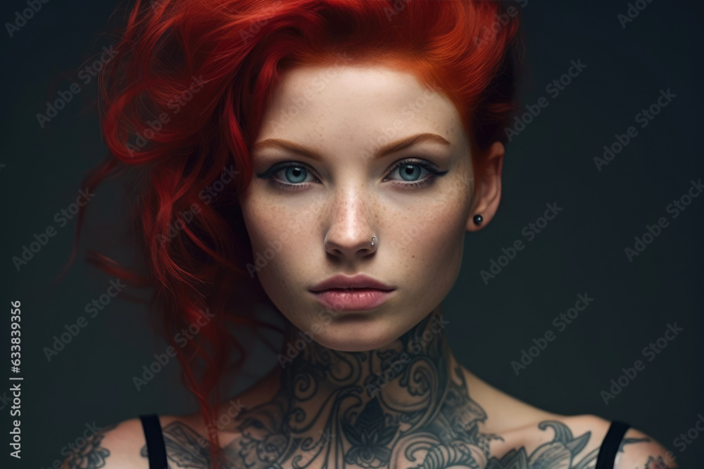A woman with red hair and tattoos. Generative AI