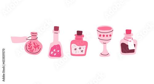 Vector set of pink goblets, witch potion bottles on white. Wizard bottle with elixir. School of magic accessories set. Vector illustration
