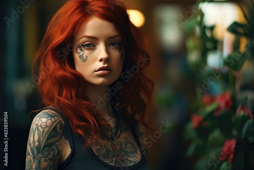 A woman with red hair and tattoos. Generative AI © piai