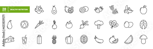 Set of simple linear black icons: healthy food and proper nutrition. Collection of icons with vegetables, fruits, and proper food for web, app, and print.