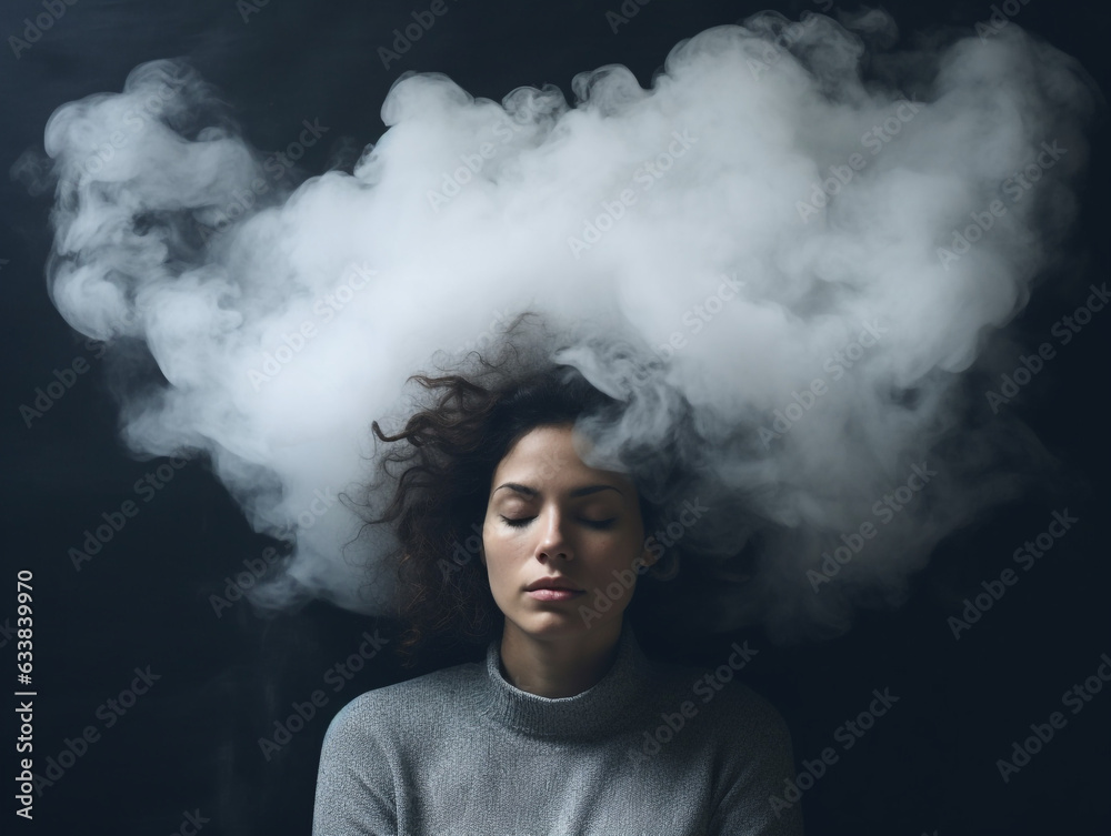 Depressed woman with a smoke cloud around her, addiction, depression, stress, anxiety, suicidal concept