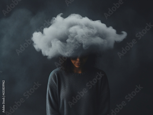 Depressed woman with a smoke cloud around her, addiction, depression, stress, anxiety, suicidal concept