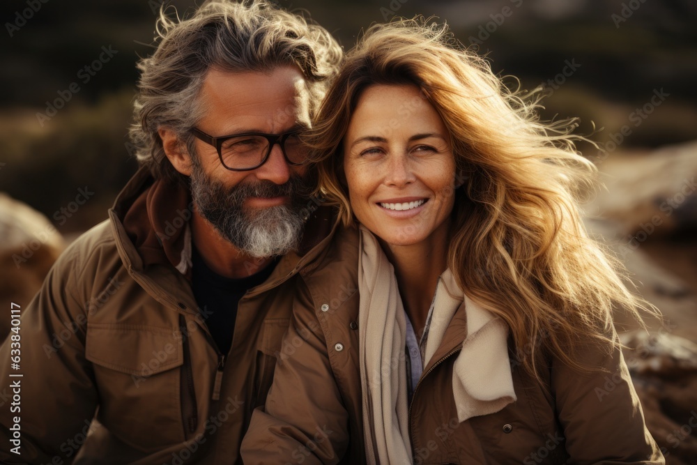 Perfect romantic couple smiling and relaxing while on vacation. stylish couple during sunset