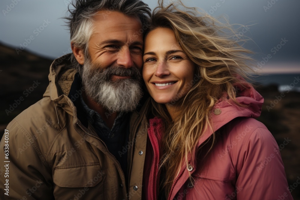 Fototapeta premium Perfect romantic couple smiling and relaxing while on vacation. stylish couple during sunset
