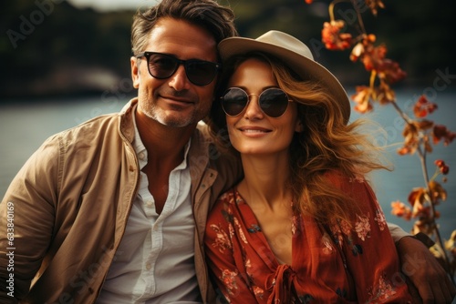 Perfect romantic couple smiling and relaxing while on vacation. stylish couple during sunset