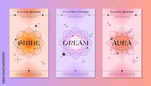 Vector insta story gradient templates with geometric shapes,blurred sparkles,copy space for text in 90s style.Smm banners in y2k aesthetic.Trendy designs for social media marketing,branding,packaging