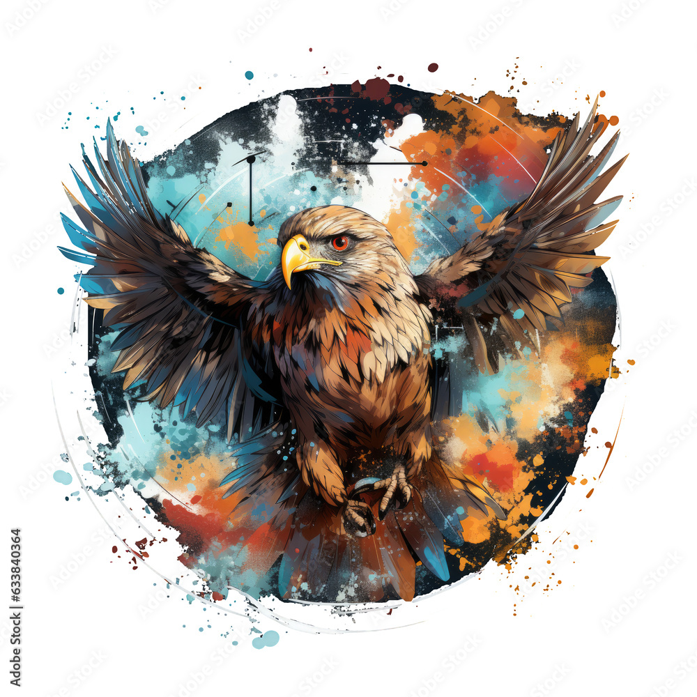 Fototapeta premium An ethereal Amerikan Eagle T-Shirt Design with a celestial theme, featuring an eagle made of stardust and constellations, Generative Ai