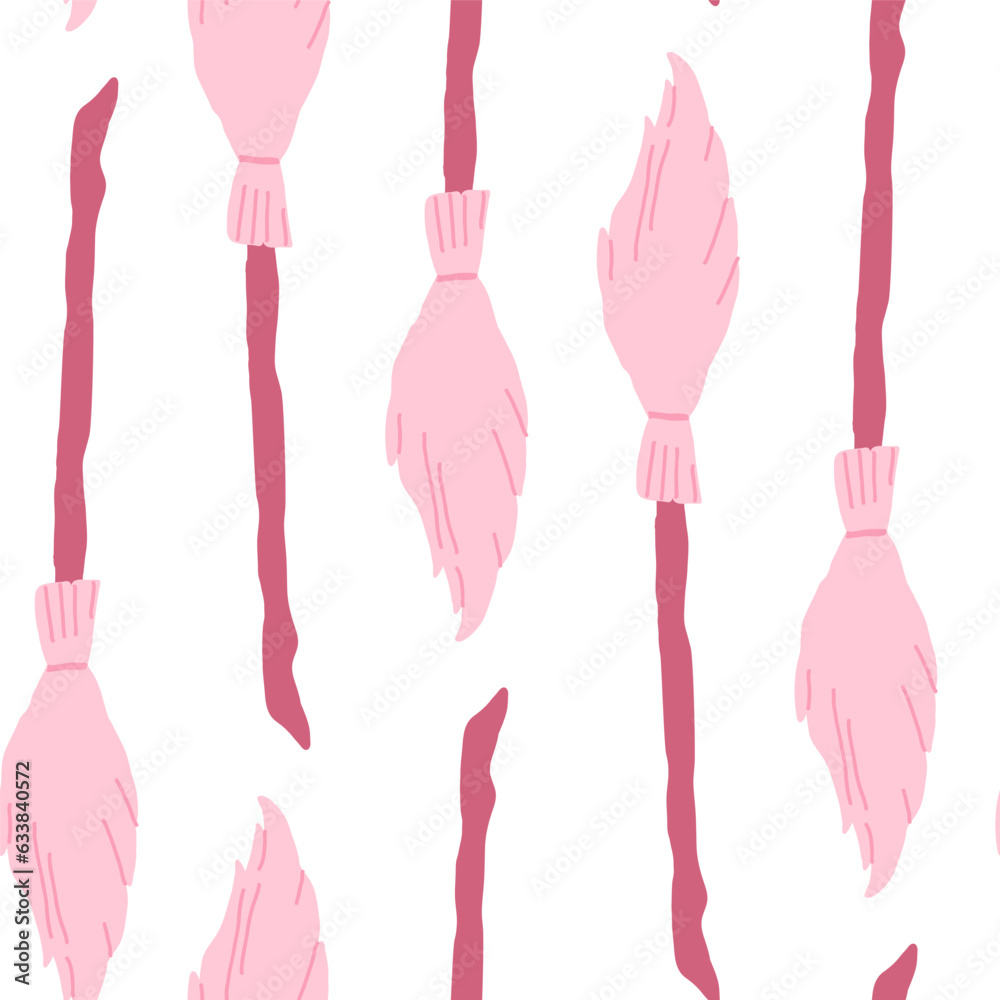 Witch seamless pattern. Elements for witches at school of magic in doodle style on white background - pink flying brooms for girls. Minimalistic Halloween pattern on white background. Vector Witch seamless pattern. Elements for witches at school of magic in doodle style on white background - pink flying brooms for girls. Minimalistic Halloween pattern on white background. Vector