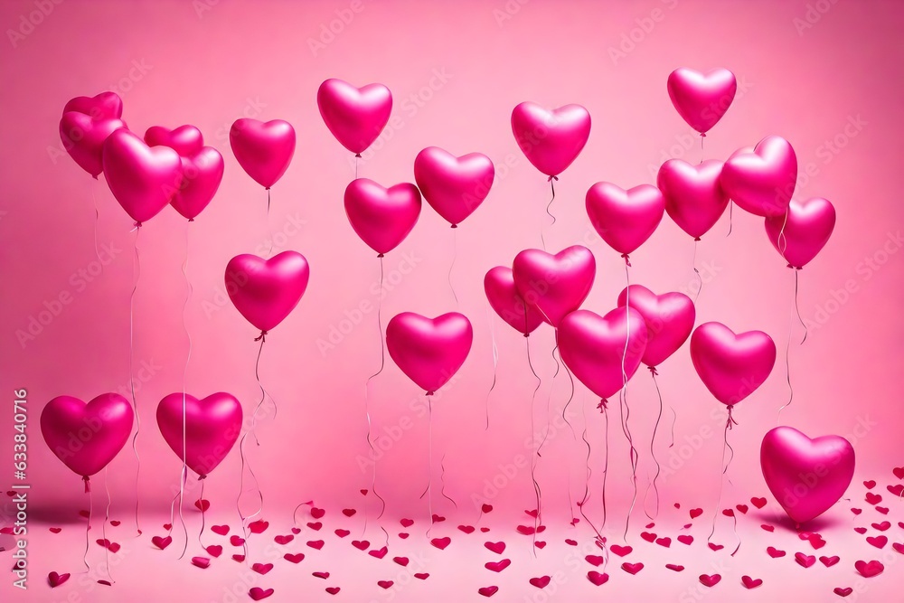 Many pink heart balloons on bright background. Minimal love concept