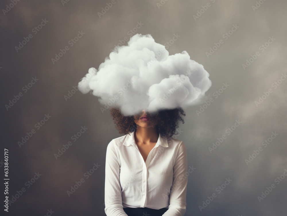 © Happy Stock - Tired overwhelmed woman in deep depression, negative thinking, a cloud hanging above, depression, stress, anxiety concept