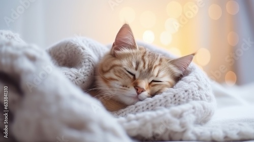 Fotografie, Tablou Cute cat is sleeping in the bed on warm blanket. Generative AI