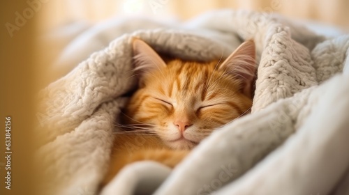 Cute cat is sleeping in the bed on warm blanket. Generative AI © piai