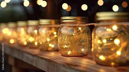 Row of closeup transparent glass jars with lights inside on the rustic wooden shelf on the lights blurred background, selective focus.