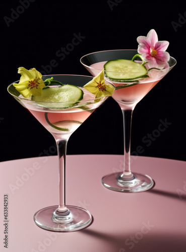 Pink daiquiri alcoholic summer cocktail on a modern pink background with sunlight from the window, ai generative. Cocktail with flowers