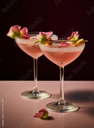 Pink daiquiri alcoholic summer cocktail on a modern pink background with sunlight from the window, ai generative. Cocktail with flowers