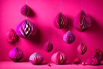 Acrylglasbilder Pantone 2023 Viva Magenta Trendy decorative paper Christmas tree baubles, DIY project, Organic Modern Design, Festive Honeycomb Foldable 3D balls, plastic free. Image toned in viva magenta, color of the year 2023    © CREAM 2.0