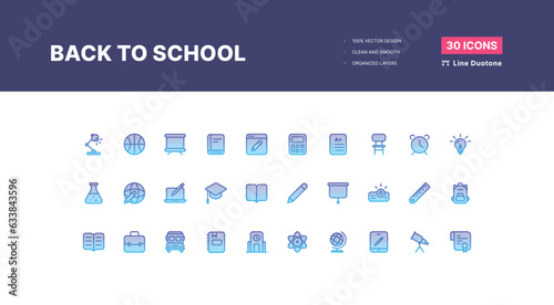 30 Back to School Icons Pack - Line Duotone
