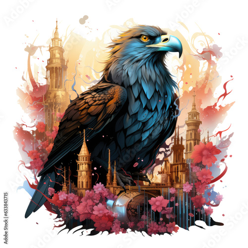  A regal Amerikan Eagle T-Shirt Design set in a fantasy kingdom, with the eagle perched on a throne alongside other majestic creatures, Generative Ai