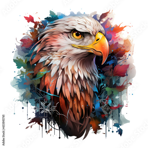 An abstract Amerikan Eagle T-Shirt Design with the eagle depicted using geometric shapes and patterns, soaring above a vibrant cityscape with bold and contrasting colors, Generative Ai