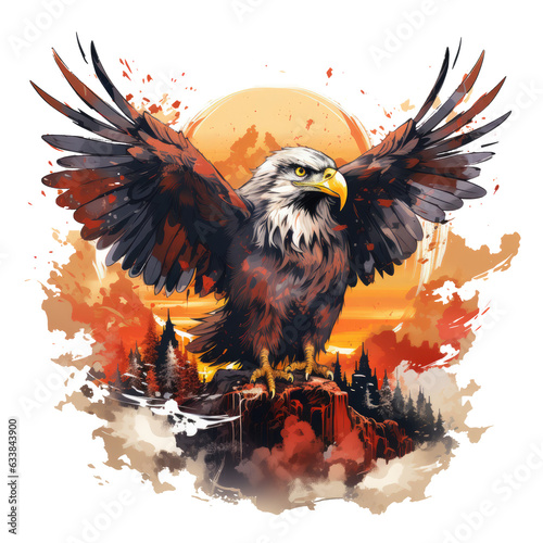 An epic Amerikan Eagle T-Shirt Design featuring an eagle soaring above a mythical battlefield, its wings spread wide, Generative Ai