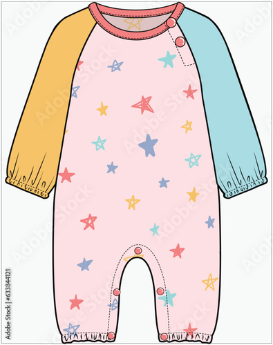 CONTRAST LONG SLEEVES  COLOR BLOCK JUMPSUIT, PLAYSUIT, ROMPER, ONESIES DESIGN FOR BABIES, INFANT GIRL AND TODDLER GIRLS IN VECTOR ILLUSTRATION