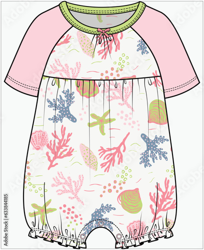 CORAL SEASHELL PATTERN JUMPSUIT, PLAYSUIT, ROMPER, ONESIES DESIGN FOR BABIES, INFANT GIRL AND TODDLER GIRLS IN VECTOR ILLUSTRATION