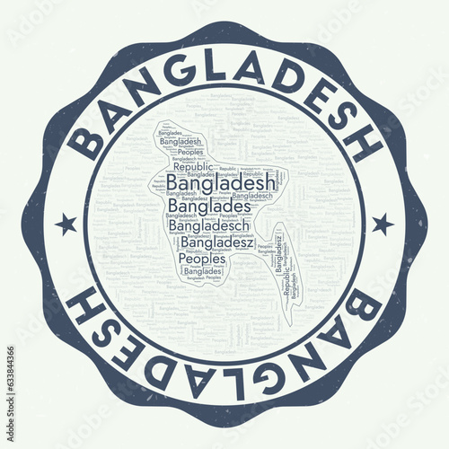Bangladesh logo. Beautiful country badge with word cloud in shape of Bangladesh. Round emblem with country name. Captivating vector illustration.