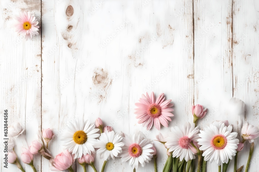 Obraz premium White wooden shabby chic spring background with pink daisy flowers. 