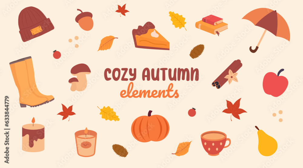 Autumn elements collection. Warm and cozy fall season icons. Clothes, books, cinnamon, pumpkin pie, candles, relax.