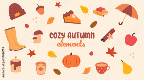 Autumn elements collection. Warm and cozy fall season icons. Clothes, books, cinnamon, pumpkin pie, candles, relax.