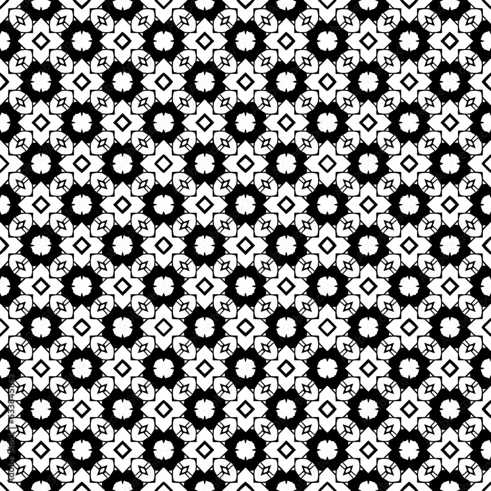 Black and white seamless abstract pattern. Background and backdrop. Grayscale ornamental design. Mosaic ornaments. Vector graphic illustration. EPS10.