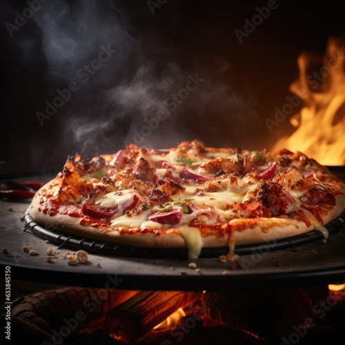 Burning hot pizza fresh out of the oven.