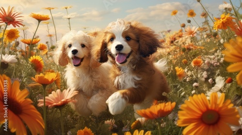 Puppies playing in a field of flowers.