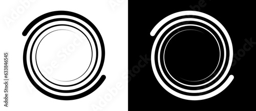 Circle or spiral with two lines. Abstract art geometry background or icon. Black shape on a white background and the same white shape on the black side.