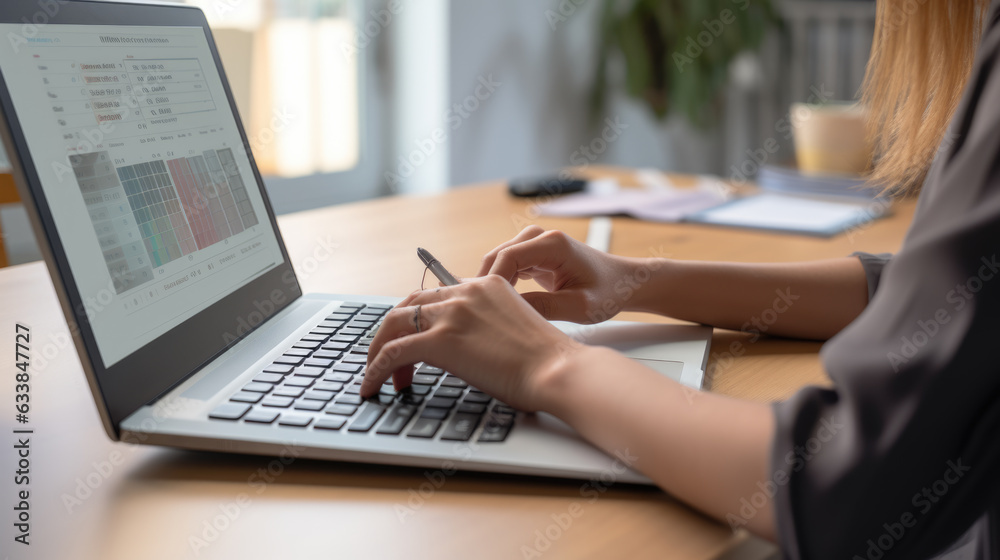 Closeup image of a business woman's hands working and typing on laptop keyboard on table. Created with Generative AI technology. Closeup image of a business woman's hands working and typing on laptop keyboard on table. Created with Generative AI technology.