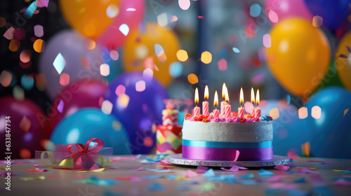Birthday cake with candles confetti and air balloons on blurred party background. Created with Generative AI technology.