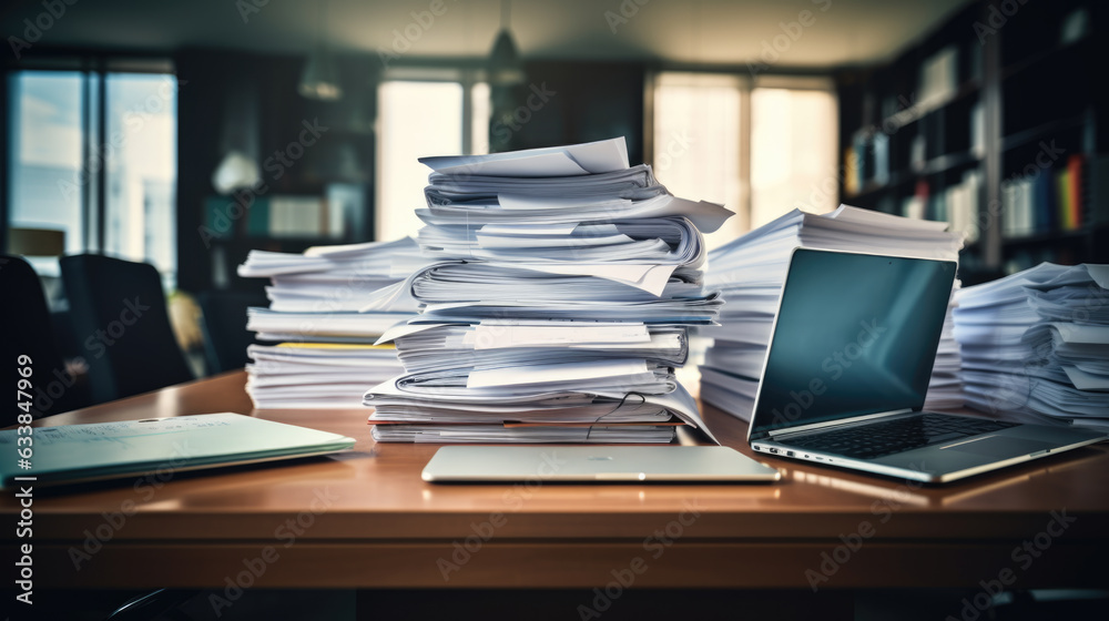 Stack of documents with pc lying on the office desk.Created with Generative AI technology. Stack of documents with pc lying on the office desk.Created with Generative AI technology.