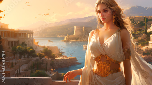 Fototapeta Naklejka Na Ścianę i Meble -  beautiful woman in a long dress with Greek ruins on the background of the sea.