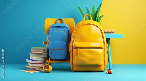 School desk with school accessory and yellow backpack on blue background 3D Rendering, 3D Illustration generative ai