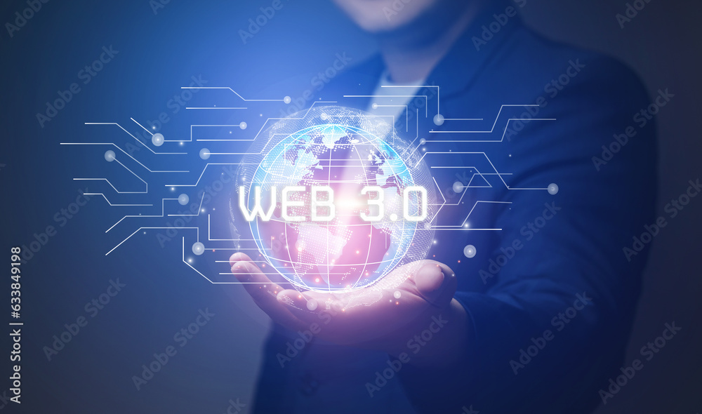 Man showing Web 3.0 concept of website allows users to fully own their digital assets and connect data with technology that users to create storage space at server in the digital world Man showing Web 3.0 concept of website allows users to fully own their digital assets and connect data with technology that users to create storage space at server in the digital world