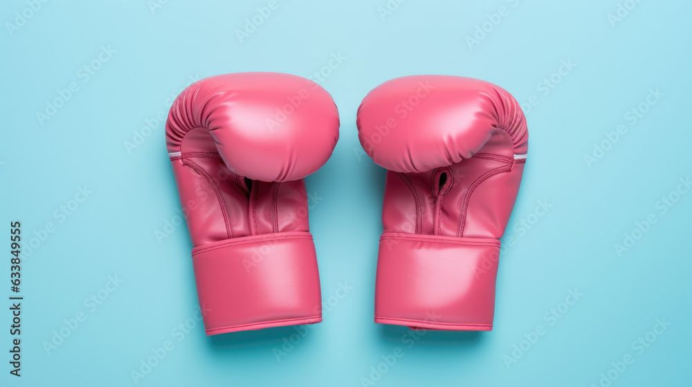 Pink boxing gloves on blue background. Concept of female cancer disease. Created with Generative AI technology.