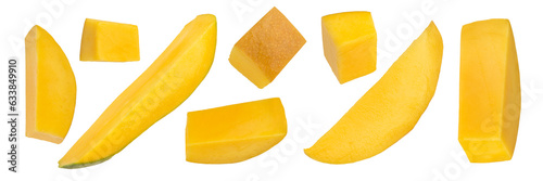 Pieces of ripe mango cut into slices on a white isolated background. Ripe mango from different sides and different ways of cutting. High quality photo.