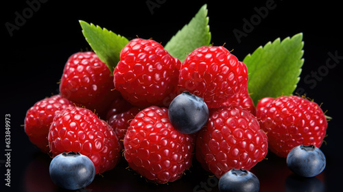 Raspberry and blueberry isolated on a black background.