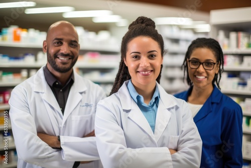 Group of pharmacists standing together in a chemist. Generative AI